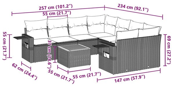 9 részes fekete polyrattan kerti ülőgarnitúra párnákkal
