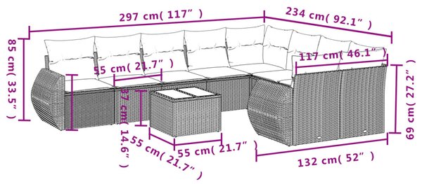 10 részes fekete polyrattan kerti ülőgarnitúra párnákkal