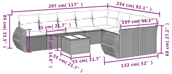 10 részes fekete polyrattan kerti ülőgarnitúra párnákkal