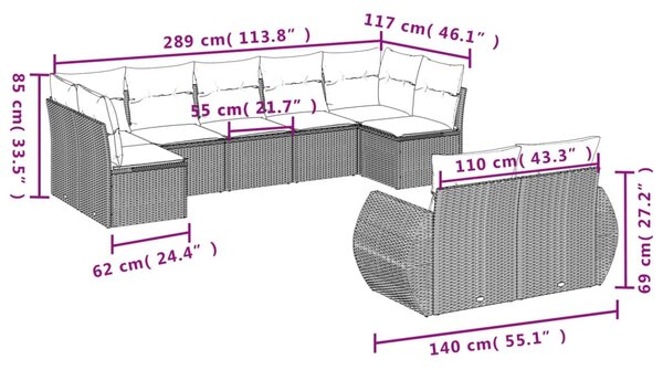 9 részes szürke polyrattan kerti ülőgarnitúra párnákkal