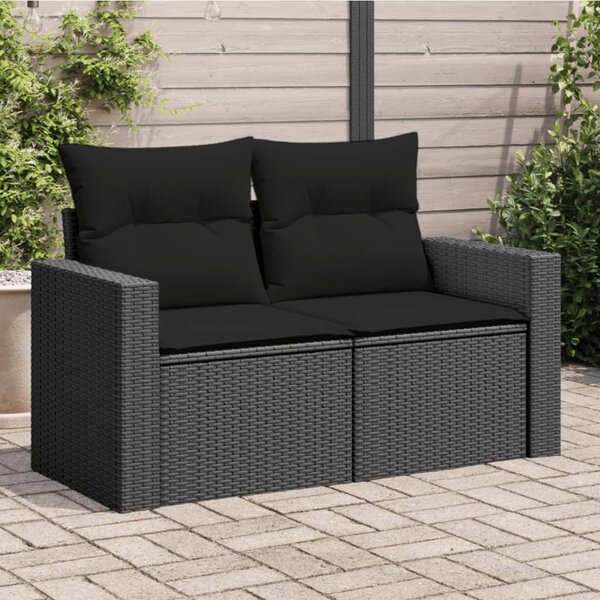 Kétszemélyes fekete polyrattan kerti kanapé párnákkal