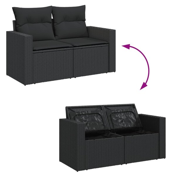 Kétszemélyes fekete polyrattan kerti kanapé párnákkal