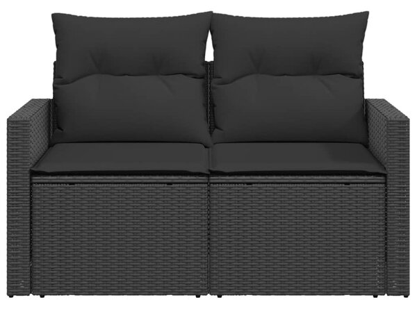 Kétszemélyes fekete polyrattan kerti kanapé párnákkal