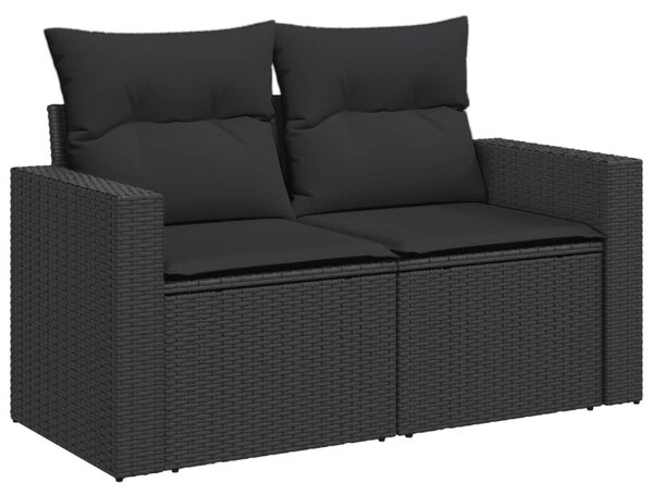 Kétszemélyes fekete polyrattan kerti kanapé párnákkal