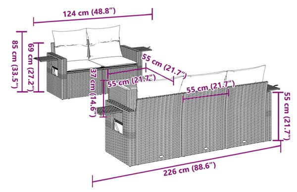 6 részes fekete polyrattan kerti ülőgarnitúra párnákkal