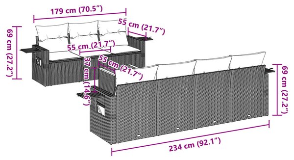8 részes fekete polyrattan kerti ülőgarnitúra párnákkal