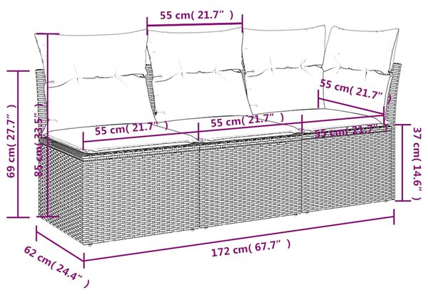 3 személyes szürke polyrattan kerti kanapé párnával