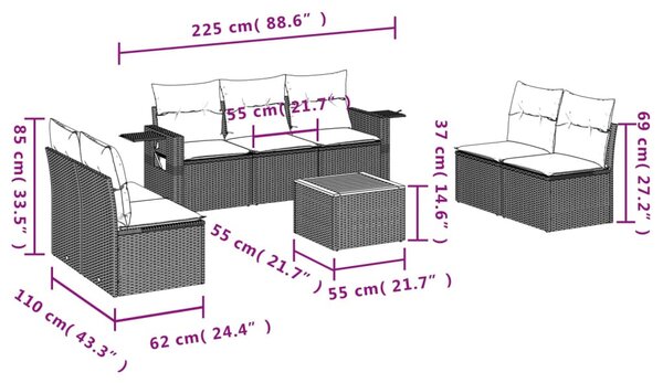 8 részes szürke polyrattan kerti ülőgarnitúra párnákkal