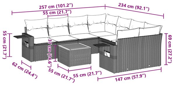 9 részes fekete polyrattan kerti ülőgarnitúra párnákkal