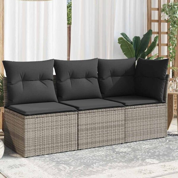 3 személyes szürke polyrattan kerti kanapé párnával