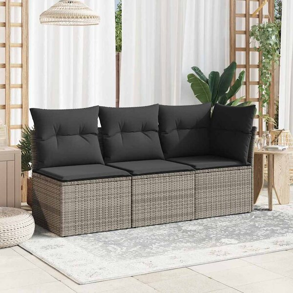 3 személyes szürke polyrattan kerti kanapé párnával