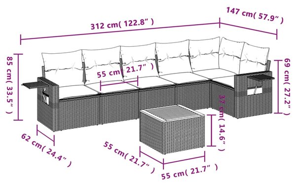 7 részes fekete polyrattan kerti ülőgarnitúra párnával