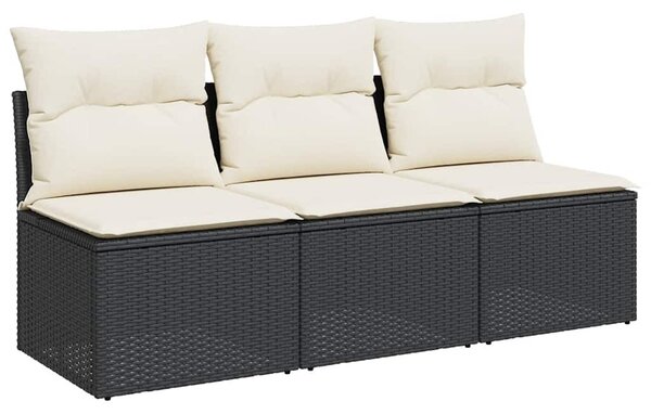 Fekete 3 személyes polyrattan kerti kanapé párnákkal