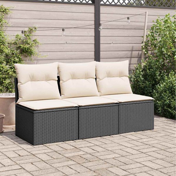 Fekete 3 személyes polyrattan kerti kanapé párnákkal