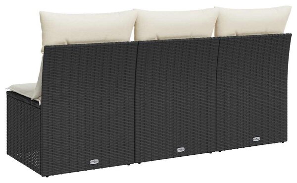 Fekete 3 személyes polyrattan kerti kanapé párnákkal