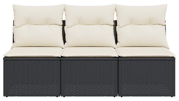 Fekete 3 személyes polyrattan kerti kanapé párnákkal