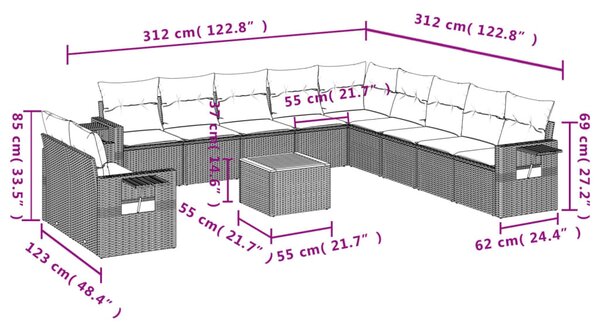 12 részes bézs polyrattan kerti ülőgarnitúra párnákkal