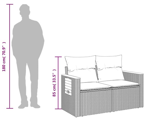 2 személyes fekete polyrattan kerti kanapé párnával