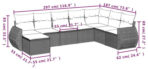 8 részes fekete polyrattan kerti ülőgarnitúra párnákkal