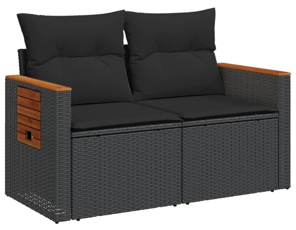 2 személyes fekete polyrattan kerti kanapé párnával
