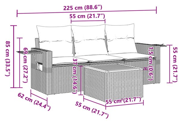 4 részes fekete polyrattan kerti ülőgarnitúra párnákkal