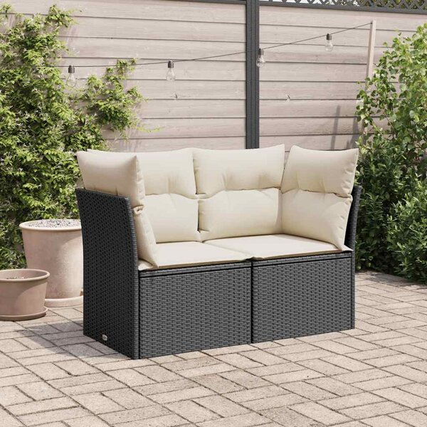 2 személyes fekete polyrattan kerti kanapé párnával