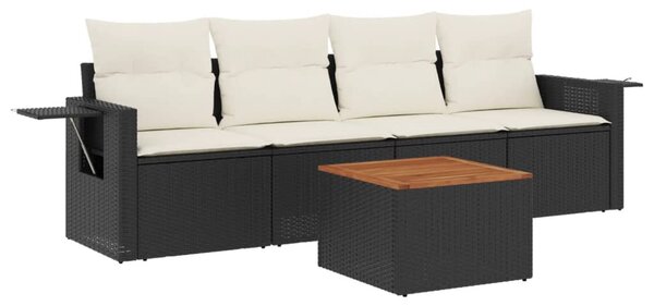 5 részes fekete polyrattan kerti kanapészett párnákkal