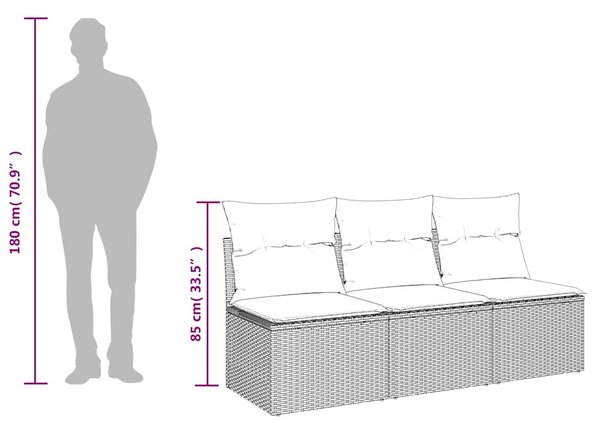 3 személyes fekete polyrattan kerti kanapé párnákkal