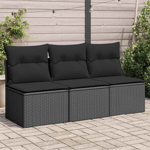 3 személyes fekete polyrattan kerti kanapé párnákkal
