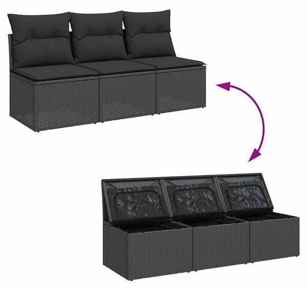 3 személyes fekete polyrattan kerti kanapé párnákkal