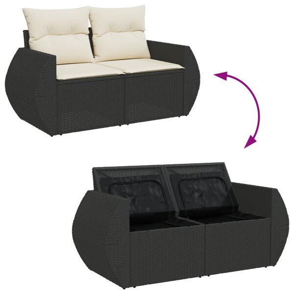 2 személyes fekete polyrattan kerti kanapé párnával