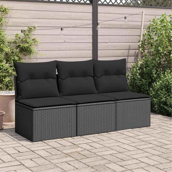 3 személyes fekete polyrattan kerti kanapé párnákkal