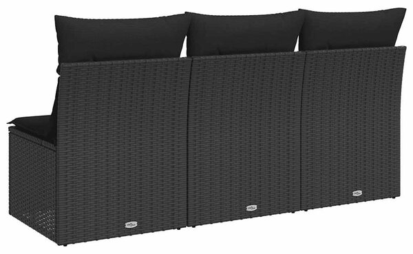 3 személyes fekete polyrattan kerti kanapé párnákkal