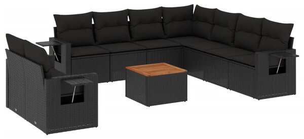 10 részes fekete polyrattan kerti ülőgarnitúra párnákkal