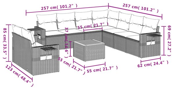 10 részes fekete polyrattan kerti ülőgarnitúra párnákkal