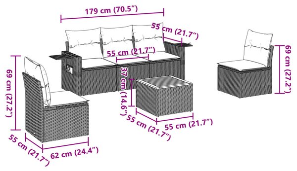6 részes fekete polyrattan kerti ülőgarnitúra párnákkal