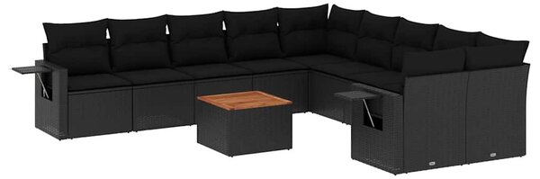 11 részes fekete polyrattan kerti ülőgarnitúra párnákkal
