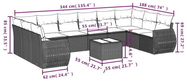 10 részes világosszürke polyrattan kerti ülőgarnitúra párnákkal