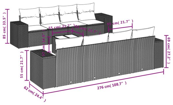9 részes fekete polyrattan kerti ülőgarnitúra párnákkal