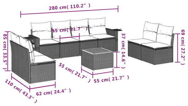 9 részes bézs polyrattan kerti ülőgarnitúra párnákkal