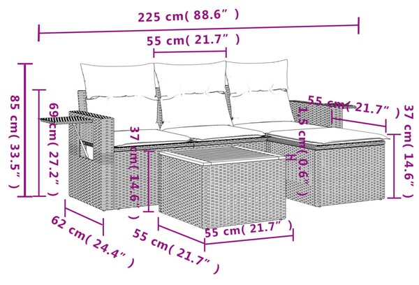 5 részes fekete polyrattan kerti kanapészett párnákkal