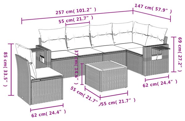 7 részes fekete polyrattan kerti ülőgarnitúra párnával