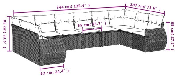 11 részes szürke polyrattan kerti ülőgarnitúra párnákkal