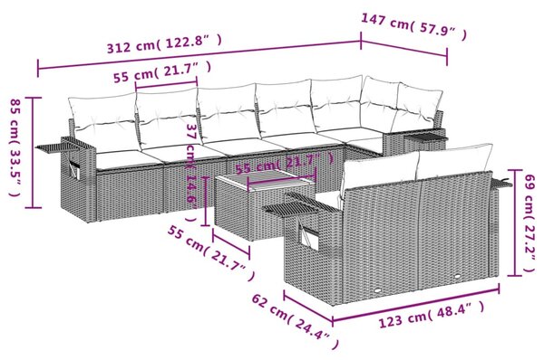 9 részes fekete polyrattan kerti ülőgarnitúra párnákkal