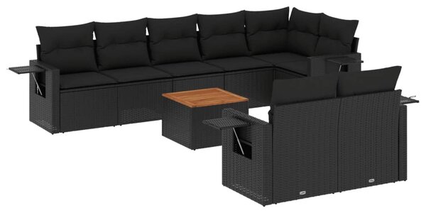 9 részes fekete polyrattan kerti ülőgarnitúra párnákkal