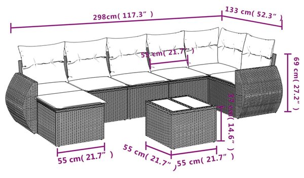 8 részes szürke polyrattan kerti ülőgarnitúra párnákkal