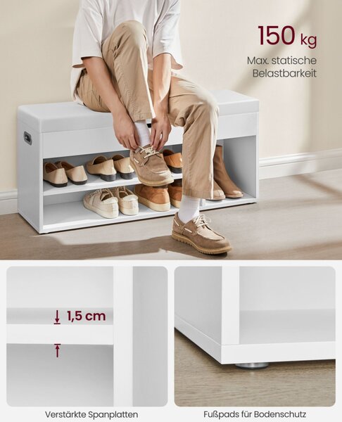 VASAGLE Cipős Pad Párnázott Ülőkével Fehér Rejtett Tárolóval 150 kg Teherbírás