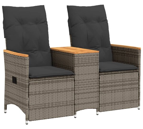 2 személyes szürke polyrattan dönthető kerti kanapé asztallal