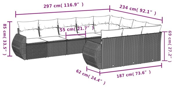 10 részes barna polyrattan kerti ülőgarnitúra párnákkal