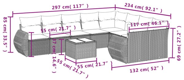 10 részes szürke polyrattan kerti ülőgarnitúra párnákkal
